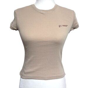 Y2K Guess Jeans Beige Fitted Short‎ Sleeve Baby Tee Rhinestone Logo Size S/P
